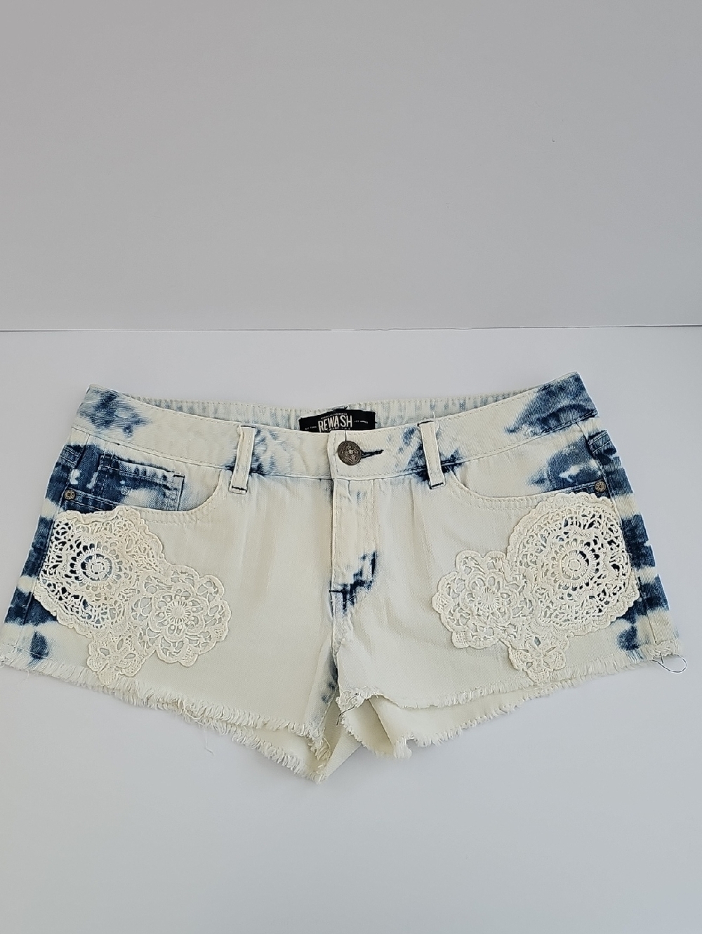 Rewash Bleach Wash Denim Cut-Off Shorts with Crochet Lace Inlay - Size 9/29